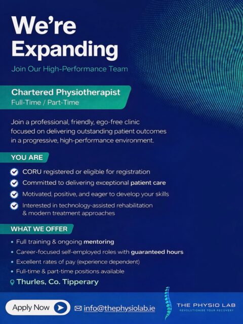Chartered Physiotherapist Opportunity
Full-Time / Part-Time
📍 Thurles, Co. Tipperary
📩 Apply: info@thephysiolab.ie
#PhysioJobs #CharteredPhysiotherapist #PhysioIreland #Thurles #TipperaryJobs