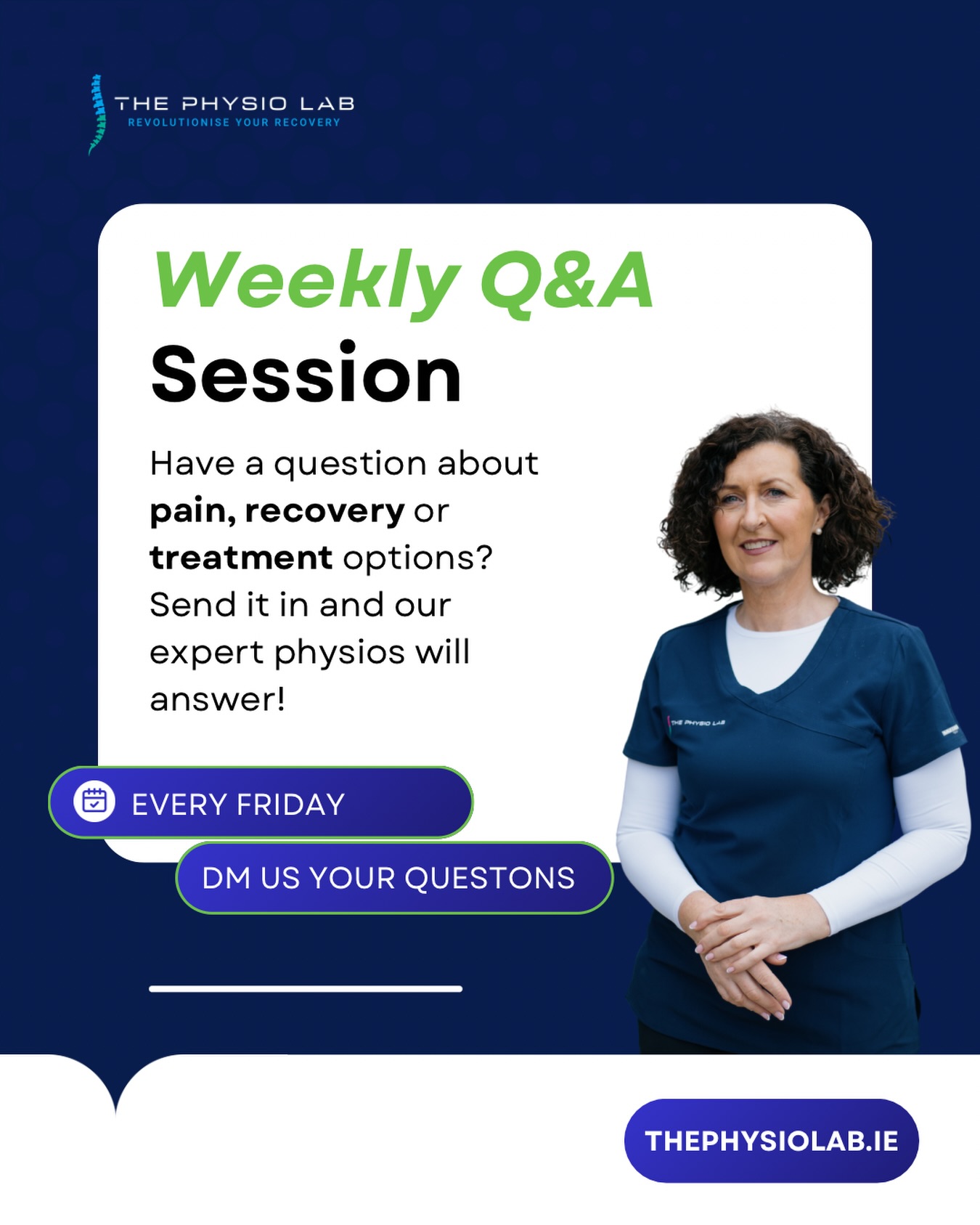 Got a question?

Therese and the team at The Physio Lab will be answering your questions every Friday 💬

Got pain? An injury? Not sure what treatment is right for you?

DM us your question 💙
#ThePhysioLab #FridayQandA #AskYourPhysio #RecoveryStartsHere