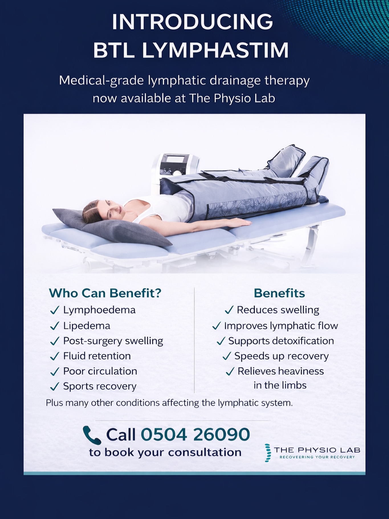 Struggling with swelling, fluid retention or poor circulation?

BTL Lymphastim is a medical-grade lymphatic drainage therapy designed to support the lymphatic system, reduce swelling and aid recovery.

Now available at The Physio Lab.

For more information or to book your consultation:

📞 0504 26090

#LymphaticDrainage
#LymphoedemaSupport
#PhysioClinic
#RecoveryTherapy
#ThePhysioLab
