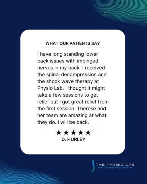 Feedback like this 💙

Delighted to hear how much of a difference treatment has made for this patient after struggling with long-standing lower back issues.

Thanks so much for taking the time to leave us a review ⭐️

Struggling with back pain yourself? Get in touch with the team on 0504 26090.
#thurles #shockwavetherapy #spinaldecompression #tipperary #PainRelief