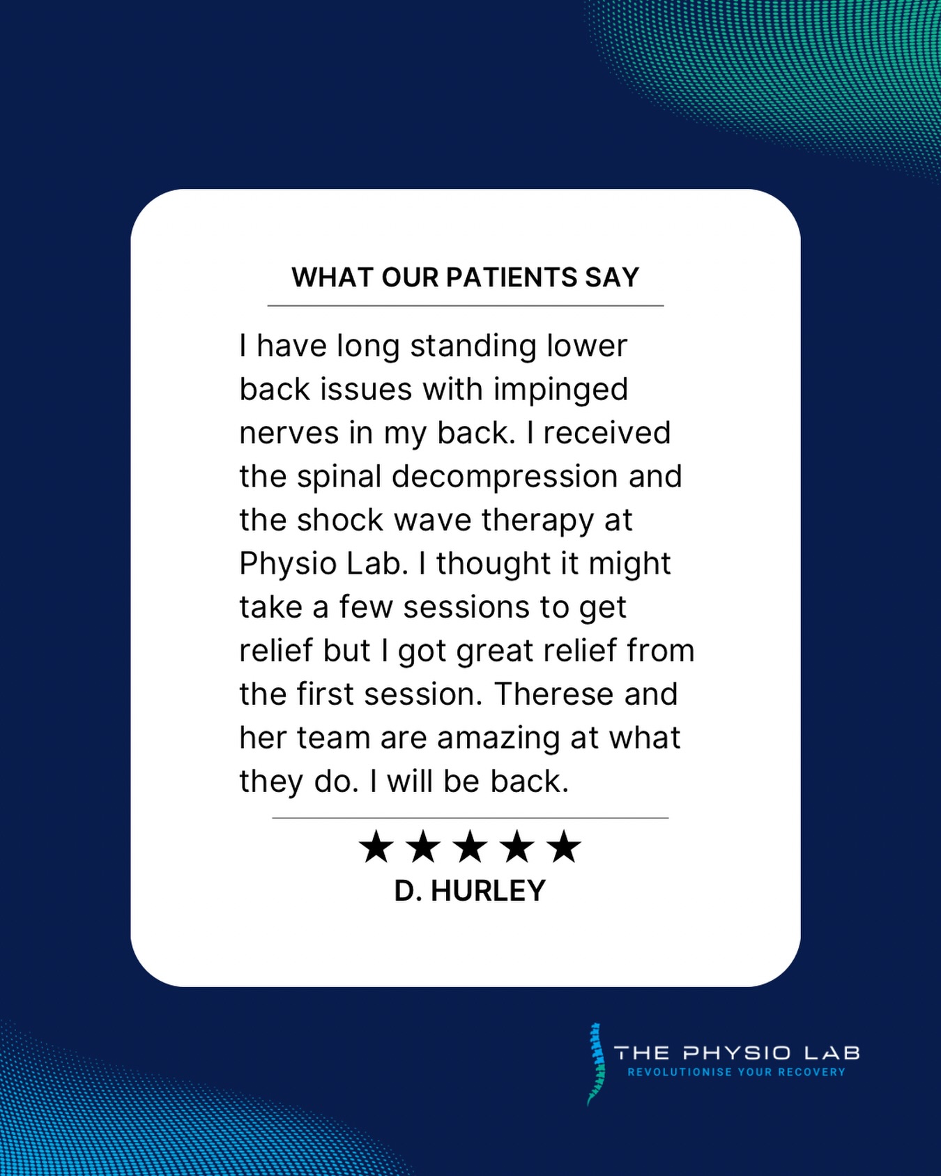 Feedback like this 💙

Delighted to hear how much of a difference treatment has made for this patient after struggling with long-standing lower back issues.

Thanks so much for taking the time to leave us a review ⭐️

Struggling with back pain yourself? Get in touch with the team on 0504 26090.
#thurles #shockwavetherapy #spinaldecompression #tipperary #PainRelief